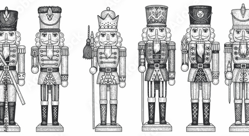 Traditional Nutcracker Soldier Figures - Black and White Illustration