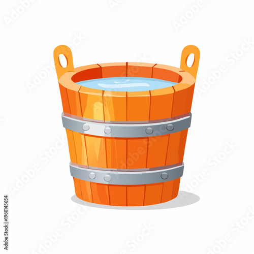 Wooden bucket filled with water, cartoon style.