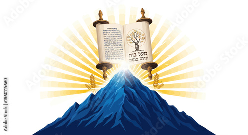 Torah Scroll on Mountain Peak with Radiant Light and Tree of Life Symbol