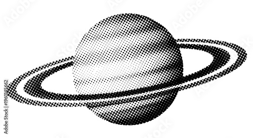 Saturn planet, retro halftone dot art, vintage space illustration