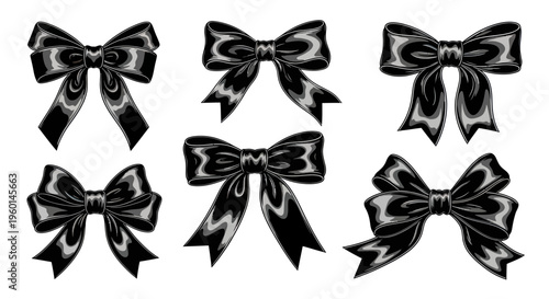 Set of six black and grey decorative bows isolated on white background