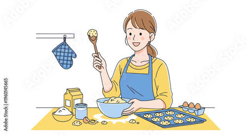Woman baking cookies at home, preparing dough in a bowl with ingredients and baking sheet