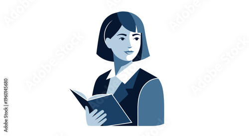 Woman reading a book, illustration, learning, knowledge, focused, calm, blue tones