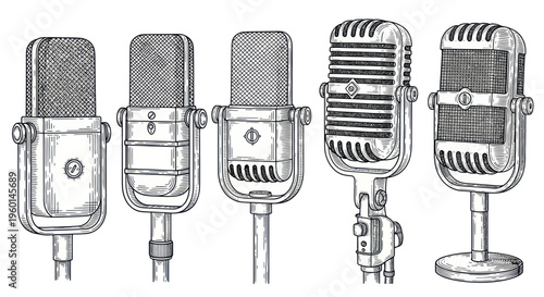 Vintage Microphone Collection Sketch - Retro Audio Recording Equipment
