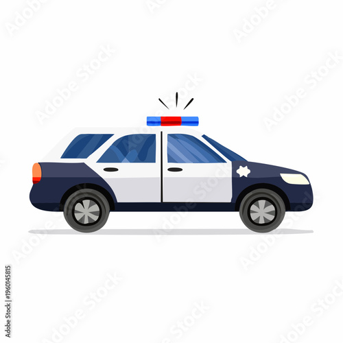 Cartoon police car with flashing lights side view illustration