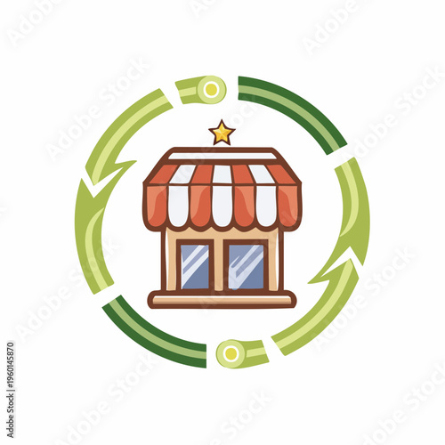 Shop icon with a green cyclical arrow, representing business cycle, success, and growth.
