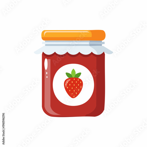 Jar of strawberry jam with label, illustration of fruit, sweet preserve food.