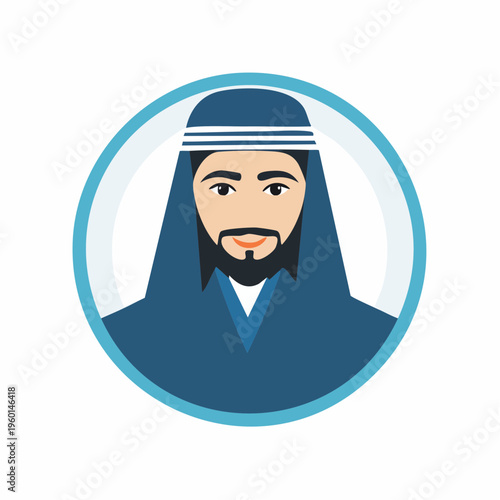 Arabic man in traditional attire portrait inside a blue circle icon, vector illustration