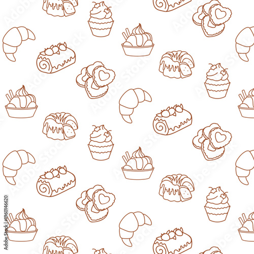 Seamless dessert pattern with croissants, cupcakes and cakes in line style