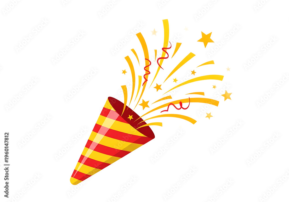 Obraz premium A colorful illustration of a party horn with vibrant fireworks and stars isolated on transparent background
