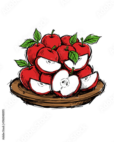 Illustration of Fresh Red Apples and Slices on a Wooden Tray