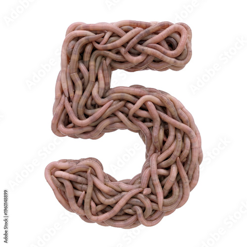 earthworm number 5 - Earthworm digit isolated on white background. This alphabet is perfect for creative illustrations related to gardening, compost, horror concept. Generative AI