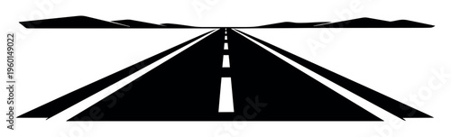 Straight road receding into the distance with mountain silhouettes on the horizon. Representing travel, future, and direction