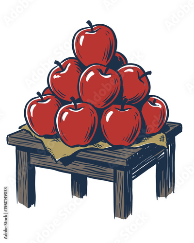 Vintage Style Illustration of Red Apples Stacked on a Wooden Table