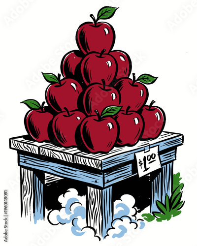 Red Apples Stacked on a Wooden Market Stand Illustration
