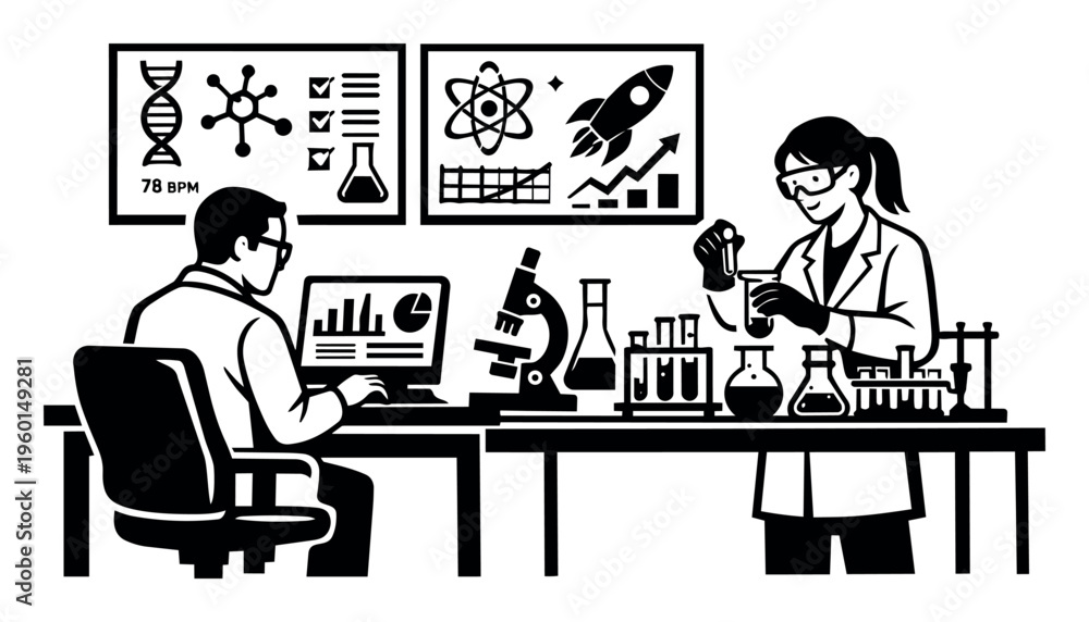 Fototapeta premium Researchers working on scientific development, a man analyzing data on a computer and a woman performing chemical experiments