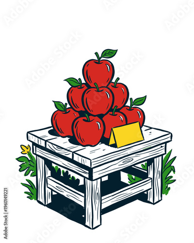 Pyramid of Red Apples on a Wooden Market Stand Illustration