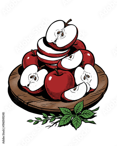 Pop Art Illustration of Sliced Red Apples on a Wooden Plate