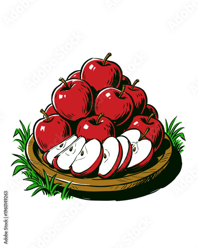 Red Apples Pile and Slices on Wooden Platter Illustration