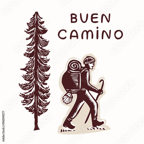 Single pilgrim man figure with backpack, pilgrims shell , tree and walking stick hiker. Hand drawn isolated black and white vector motif for European camino pilgrimage in Spain or Canterbury way