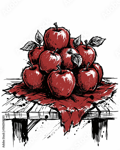 Artistic Ink Sketch of Red Apples Pile on a Wooden Table