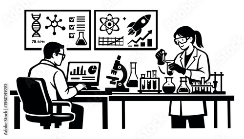 Researchers working on scientific development, a man analyzing data on a computer and a woman performing chemical experiments