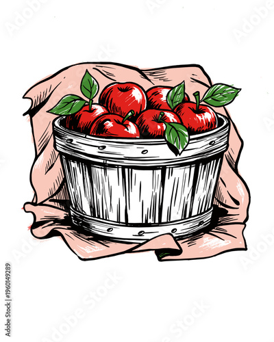 Vintage style illustration of a wooden basket full of red apples on red cloth