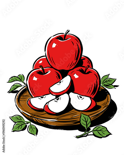 Comic Style Illustration of Fresh Red Apples on a Wooden Plate
