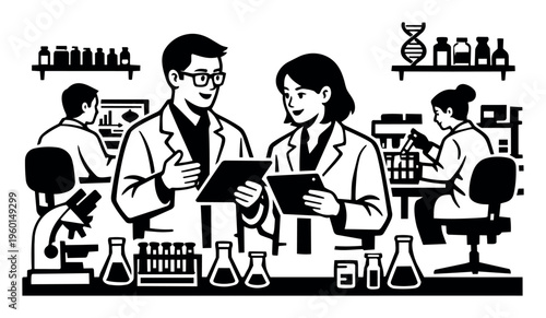 Scientists in lab coats working together, discussing data on tablets and conducting experiments in a modern research laboratory