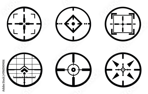 Different crosshairs and target sights providing precision guidance, focus, and accuracy for vector aiming instruments