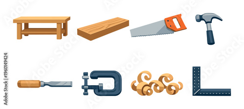 Workbench plank saw and chisel with clamps and wood shavings