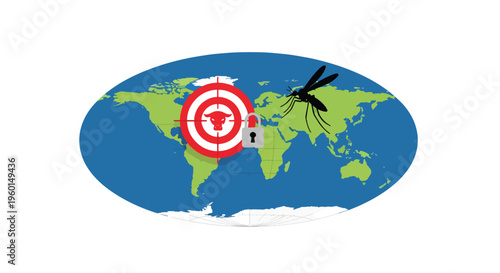 Global bull market target and mosquito, world map with red target symbol featuring bull head, grey padlock, and black mosquito insect.