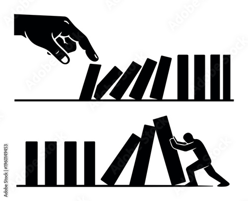 Chain reaction of falling dominoes is halted by a person, showcasing effective crisis control and management skills