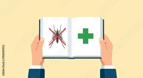 Medical book for malaria education with crossed out mosquito icon and green medical cross symbol held by hands for training and disease prevention.