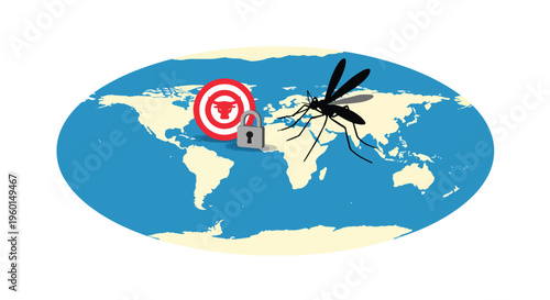 World map illustration with red target featuring a bull's head, grey padlock, and black mosquito, symbolizing global challenges and focus.