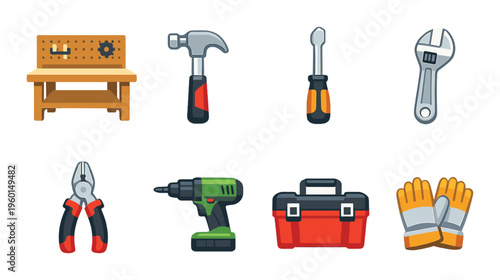 Workbench and tool set including drill and protective gloves