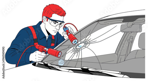 Auto technician repairing cracked car windshield with tools