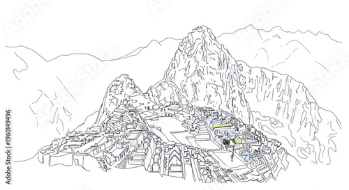 Ancient Inca Citadel Machu Picchu mountain landscape line art illustration