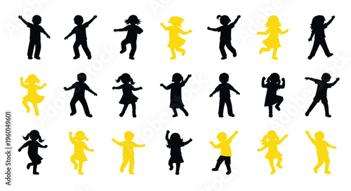 Happy Children Silhouettes Dancing and Playing - Black and Yellow