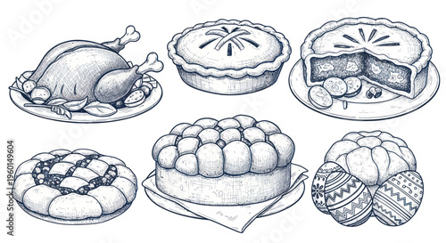 Hand-Drawn Thanksgiving Feast and Easter Eggs Illustration