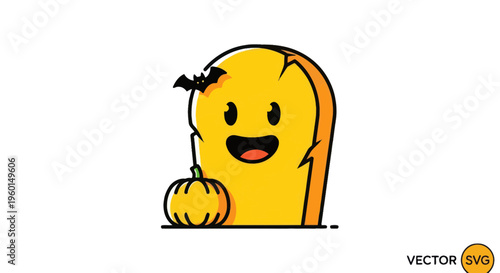 Happy Halloween Tombstone with Pumpkin and Bat - Cute Cartoon Illustration