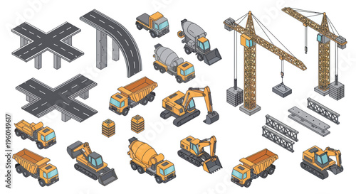 Isometric Construction Vehicles and Infrastructure Elements Set