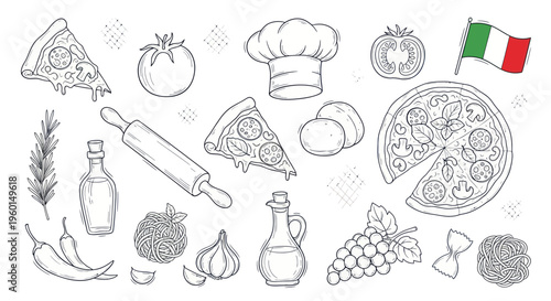 Italian Food and Pizza Ingredients Hand-Drawn Sketch Collection