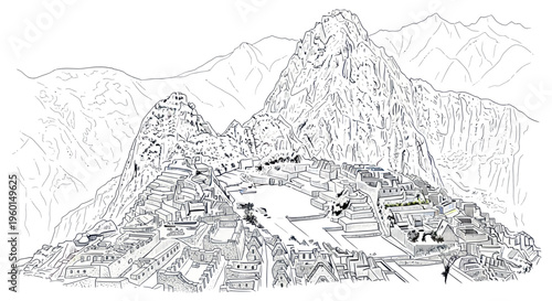 Machu Picchu Inca Citadel Landscape, Peru - Outline Drawing