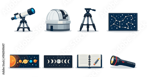 Telescope and observatory tools with star charts on background