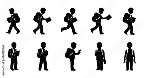 School Kids Silhouettes: Walking, Running, Reading Books with Backpacks