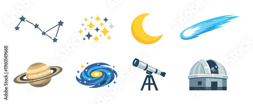 Constellation moon comet and telescope with observatory on background