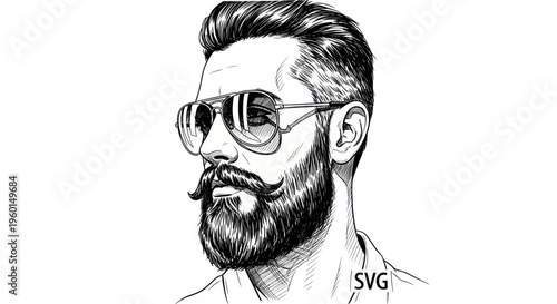 Stylish Bearded Man with Aviator Sunglasses, Hand-Drawn Vector Portrait