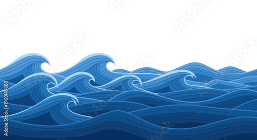 Stylized Ocean Waves - Blue Water Surface with White Sky Background