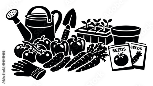 Collection of gardening equipment including a watering can, trowel, gloves, seedlings, pot, and seed packets alongside fresh tomatoes, peppers, cucumbers, and carrots